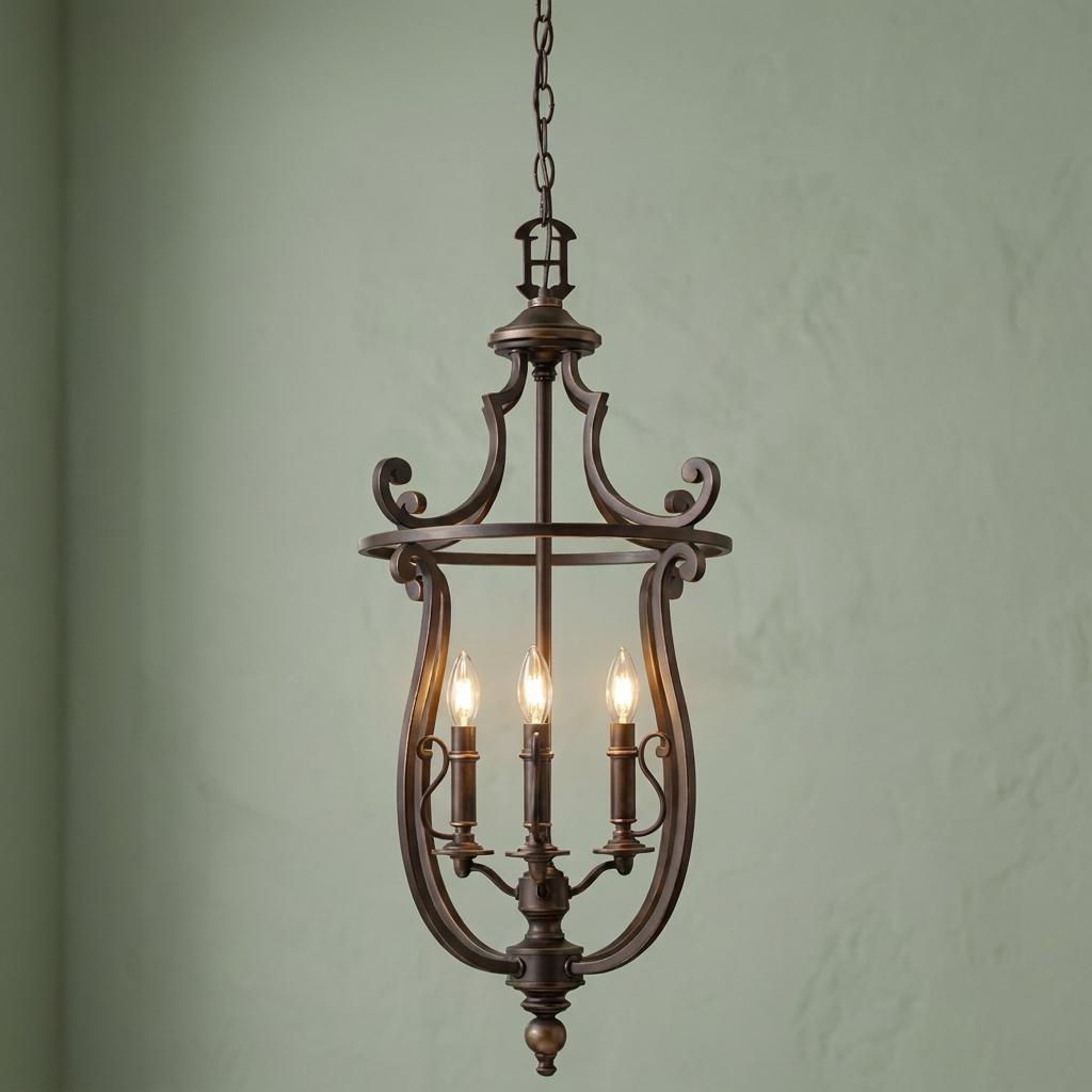Hinkley Plymouth bronze pendant lantern with elegant curved scrolls and glowing candle-style bulbs.