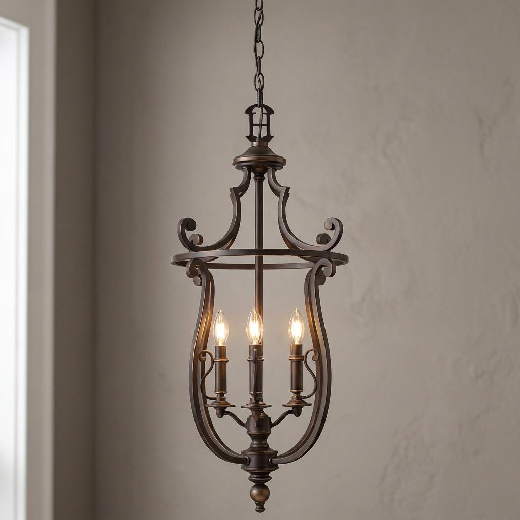 Hinkley Plymouth bronze ceiling lantern pendant with four candelabra lights and an open-frame scrolls design.