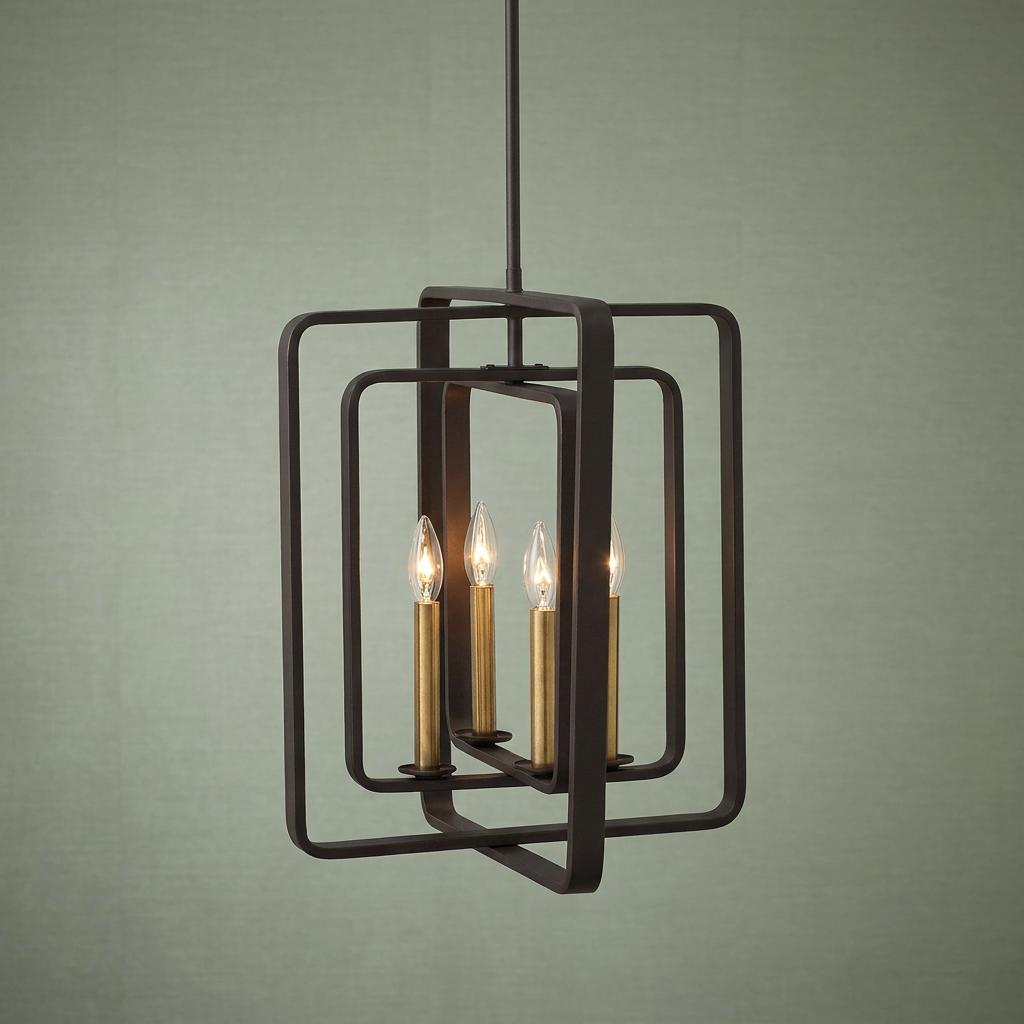 Hinkley Quentin bronze pendant light with a nested geometric frame and four brass candle bulbs.