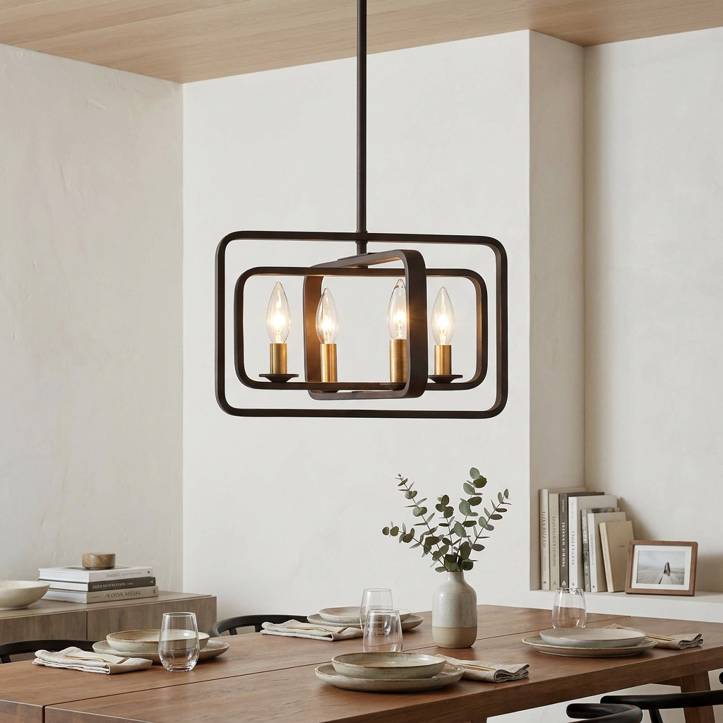 Bronze 4-light pendant chandelier with interlocking rectangular frames hanging above a wooden dining table.