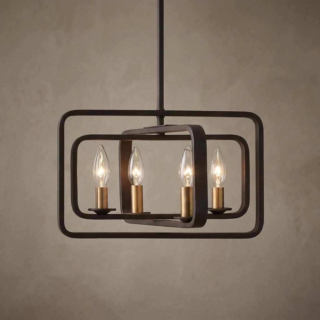 Nested geometric bronze frames surrounding four glowing candle-style bulbs with brass sockets.