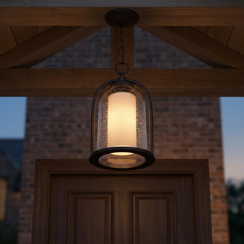 Hinkley Quincy oil rubbed bronze outdoor pendant light with seeded glass hanging from a wooden porch ceiling.