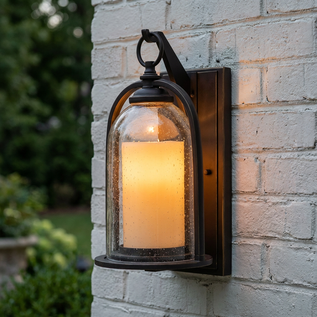 Bronze outdoor wall light with a lit candle inside a glass cloche, mounted on a white painted brick wall.