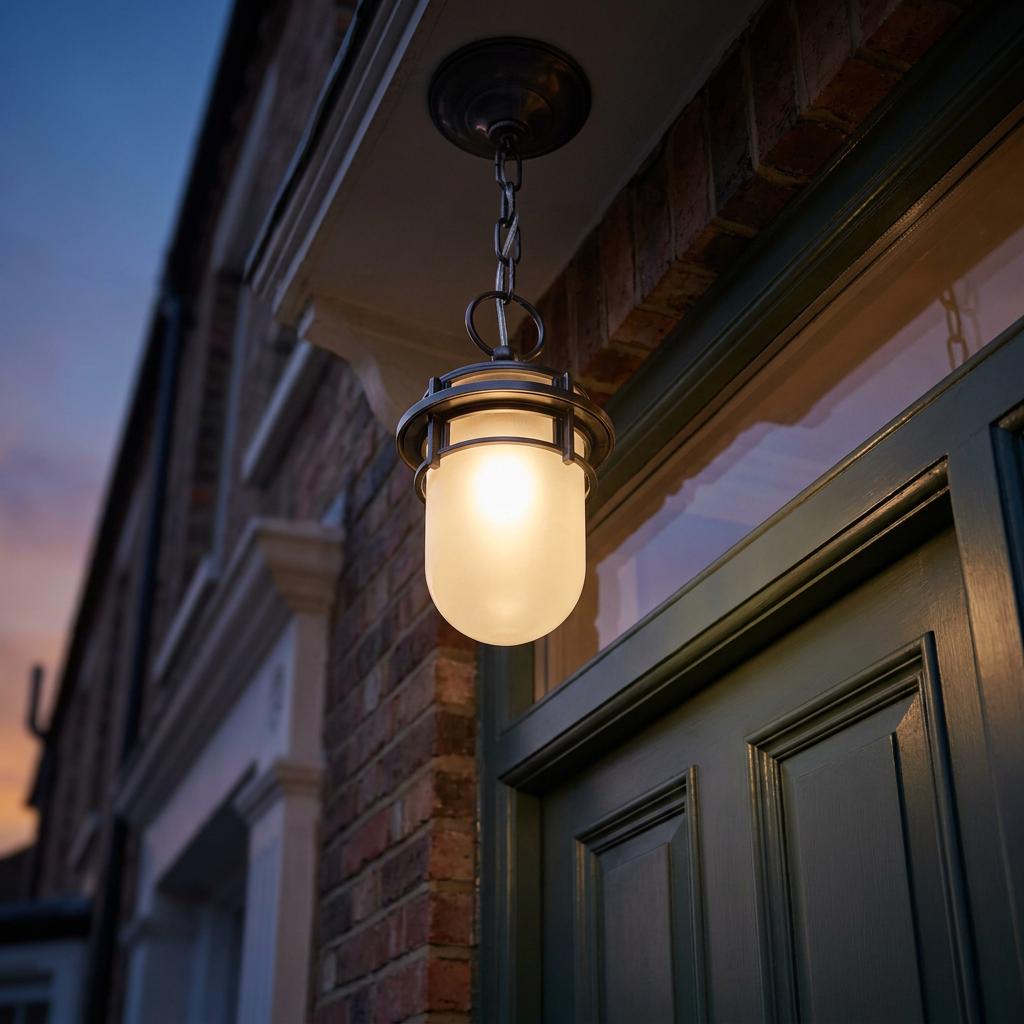 Hinkley Reef outdoor pendant light with frosted glass glows above a dark green front door at dusk.