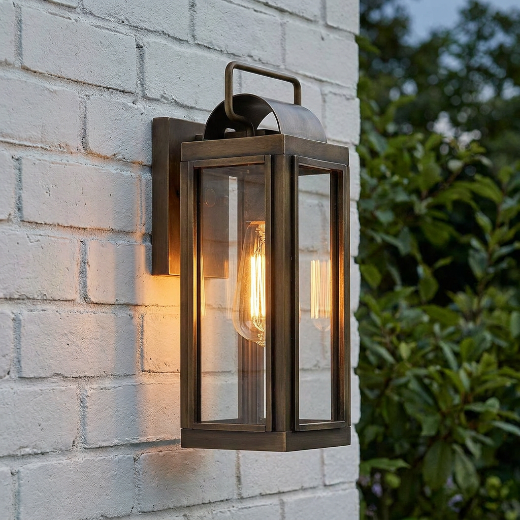 A Hinkley Sag Harbor bronze outdoor lantern with a glowing Edison bulb mounted on a white painted brick wall.