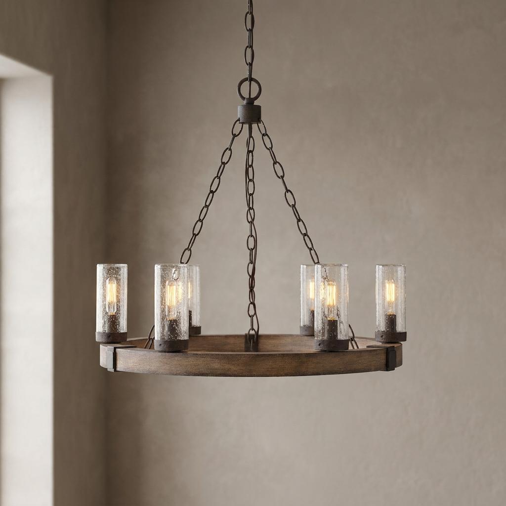 Rustic wagon wheel chandelier with a wood finish, black chains, and six seeded glass cylinders with warm Edison bulbs.