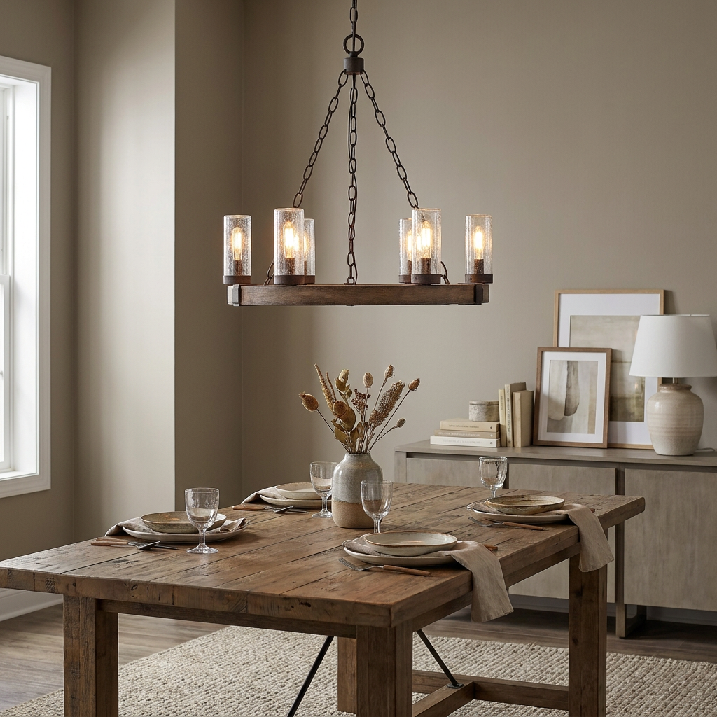 Rustic six-light outdoor chandelier with a wood ring and seeded glass shades over a wooden dining table.