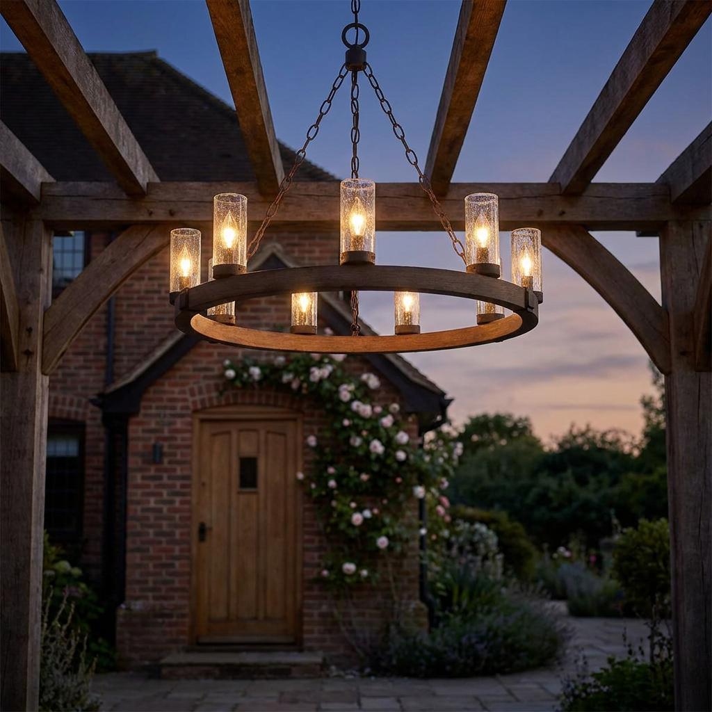 A Hinkley Sawyer 9-light rustic wagon wheel chandelier hanging from a wooden pergola in a garden at dusk.