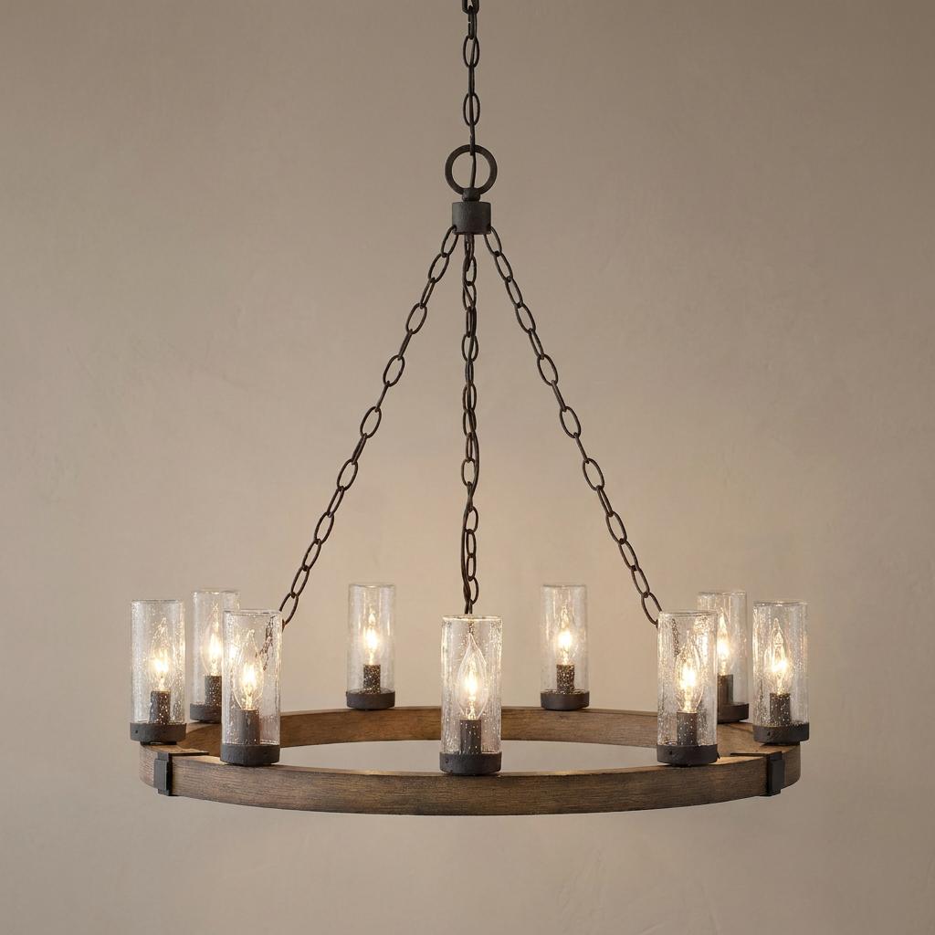 Rustic 9-light outdoor chandelier with a circular wood-finished frame and clear seeded glass cylinders hanging by chains.