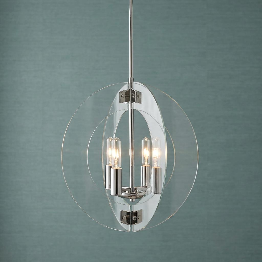 Polished chrome pendant light featuring intersecting clear acrylic circles and four bulbs against a blue wall.