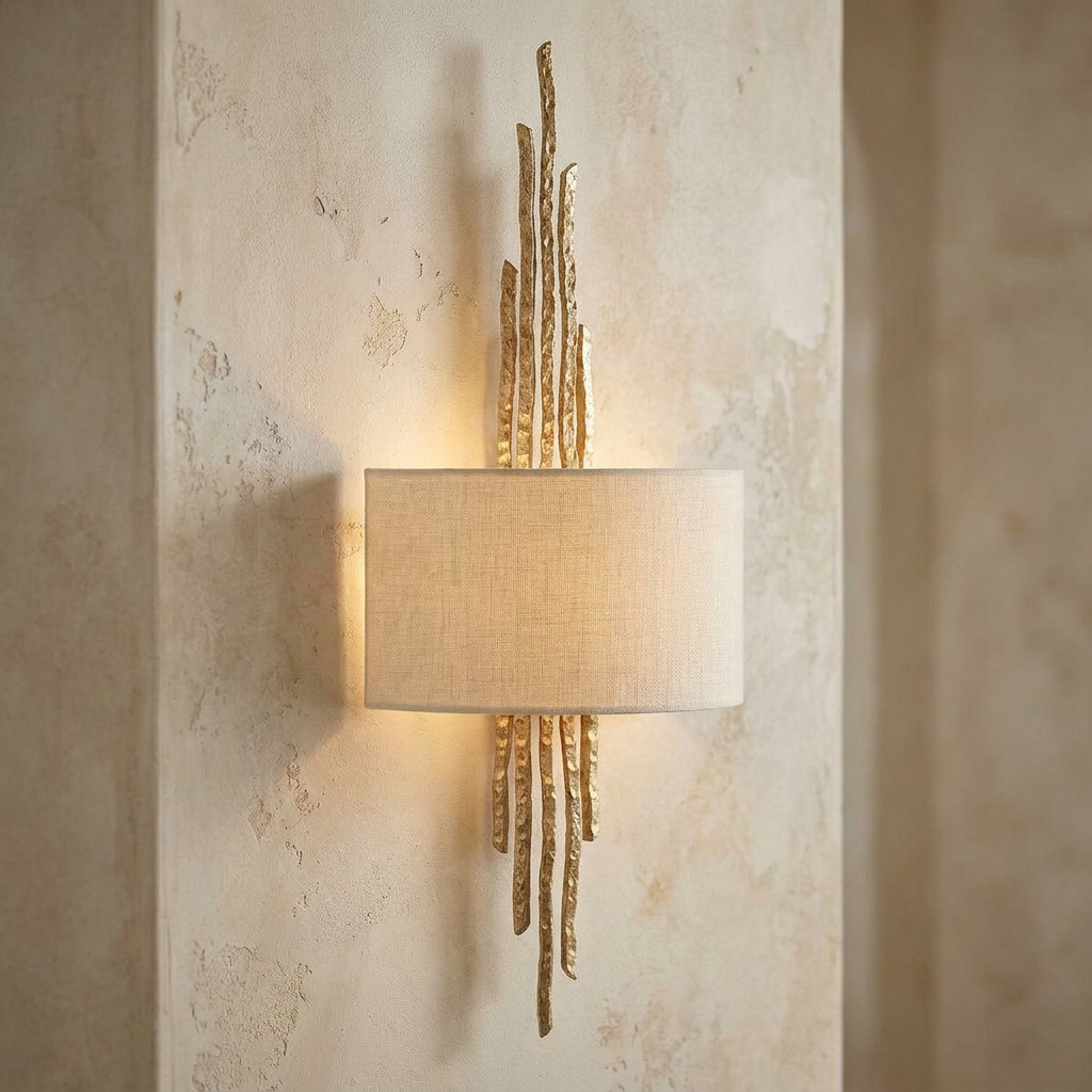 Hinkley Spyre champagne gold wall light with a textured branch design and cream shade on a plaster wall.