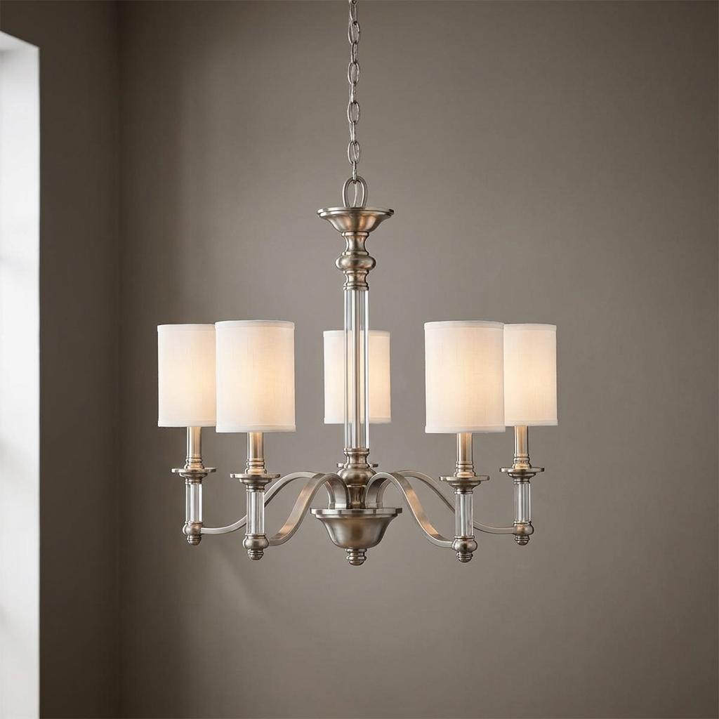Hinkley Sussex brushed nickel 5-light chandelier with white fabric shades and clear glass accents on curved arms.