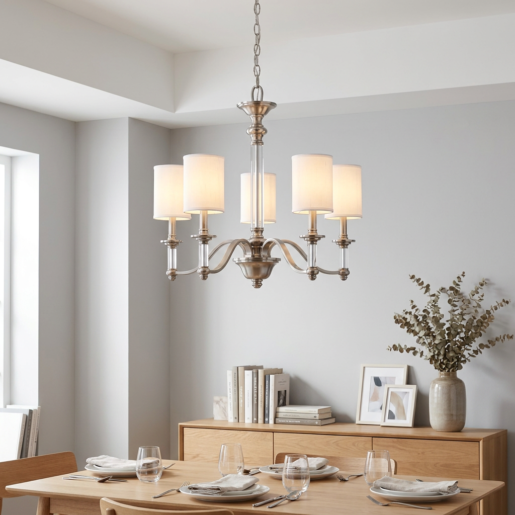 Hinkley Sussex brushed nickel 5-light chandelier with white fabric shades hanging over a modern dining table.