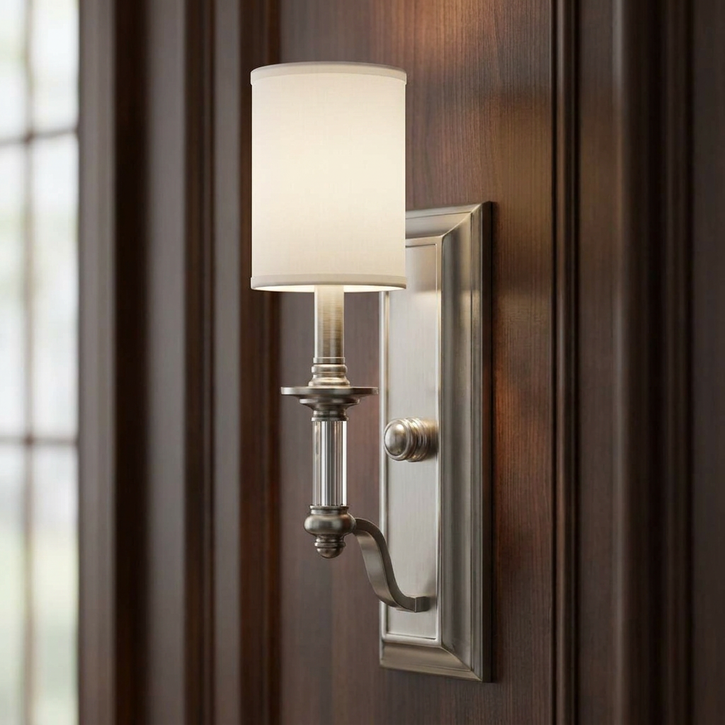 Brushed nickel single arm wall light with a white fabric shade mounted on a dark wood paneled wall.