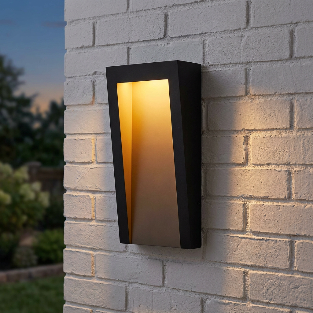 Modern black tapered outdoor wall light with a warm golden glow mounted on a white brick wall.