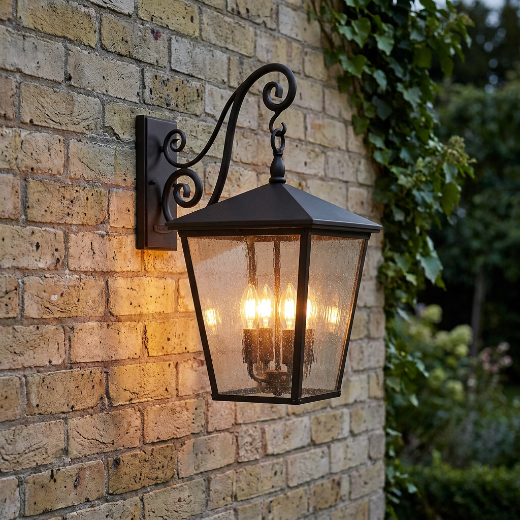 Regency bronze outdoor wall lantern with scrollwork arm and seeded glass panels, lit on a brick wall.