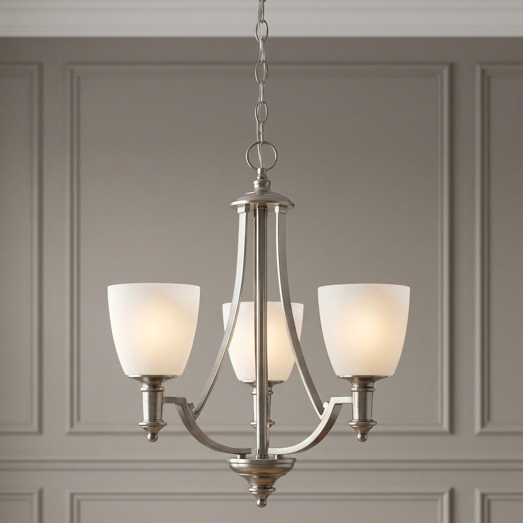 Three-light antique nickel chandelier with frosted glass shades hanging against a neutral paneled wall.