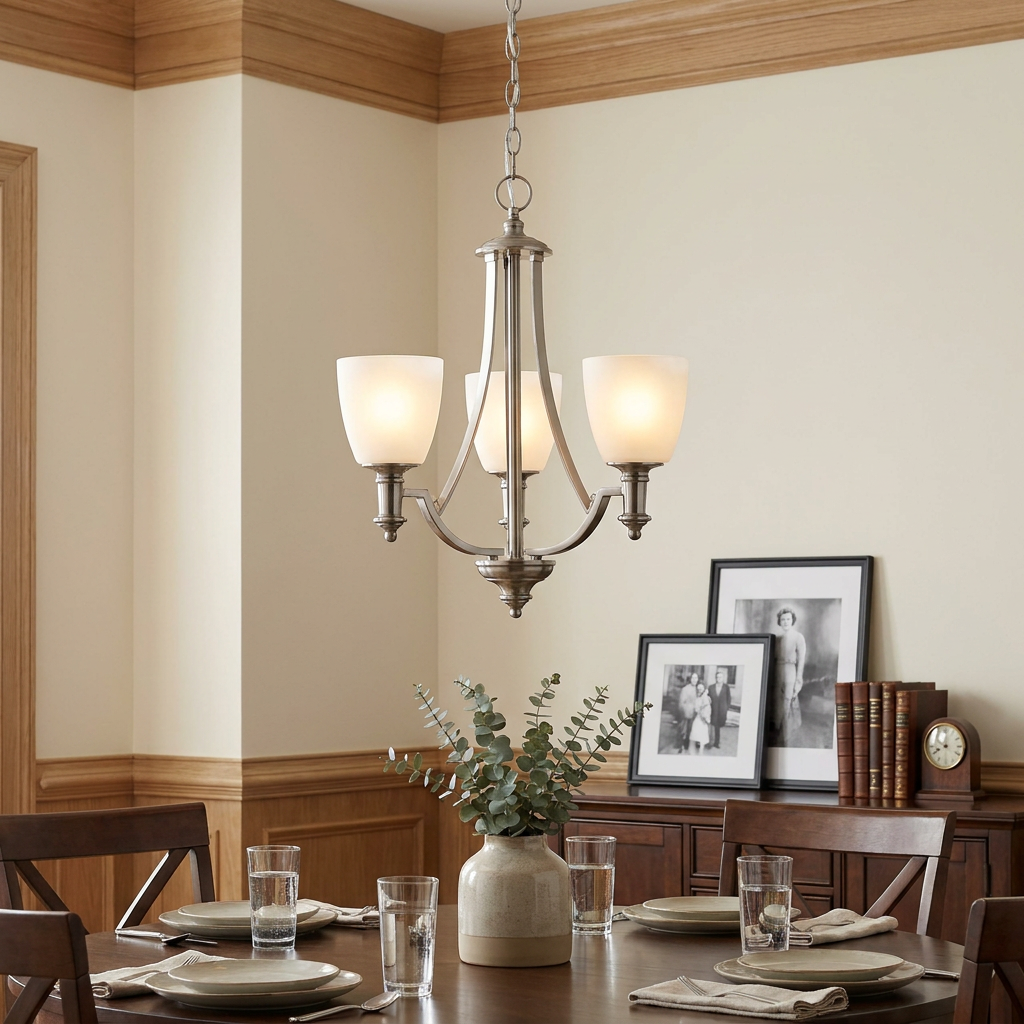 Hinkley Truman 3-light antique nickel chandelier with white glass shades hanging over a set dining table.