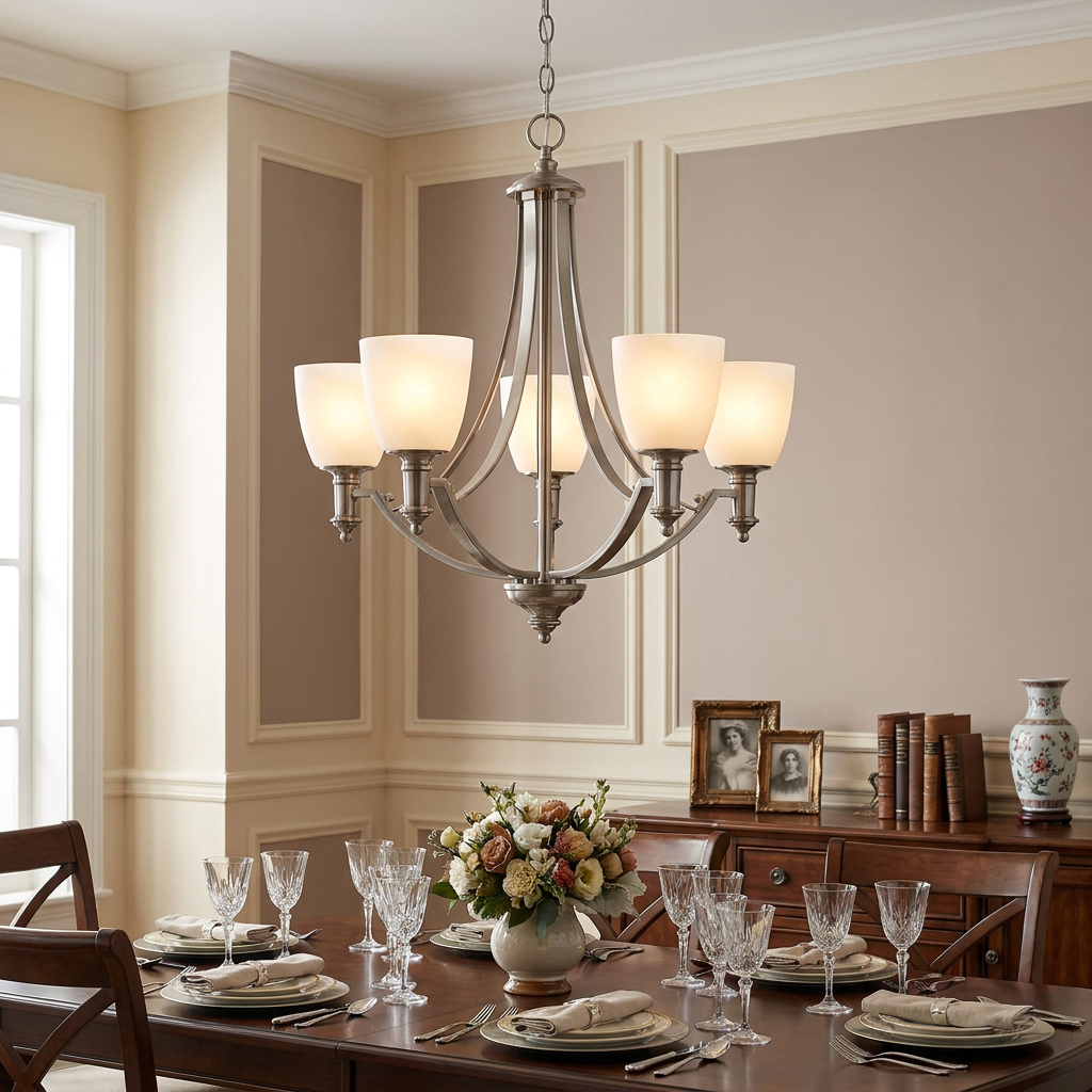 Hinkley Truman 5-light antique nickel chandelier with opal glass shades hanging above a formal dining table.