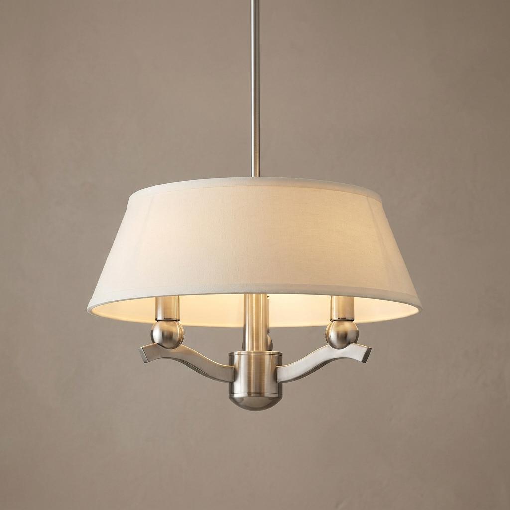 Brushed nickel 3-light pendant fixture featuring a tapered off-white fabric drum shade against a neutral wall.