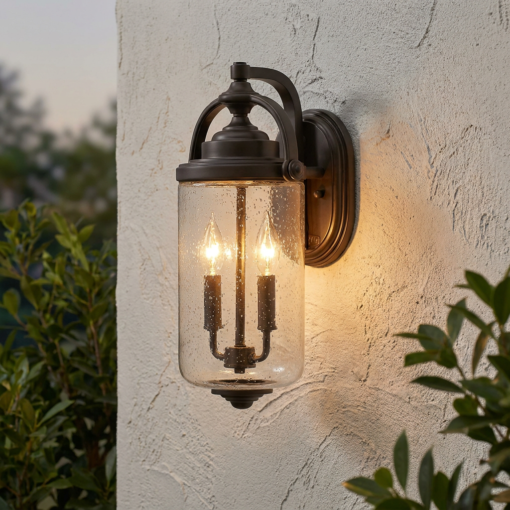 Bronze outdoor wall light with two bulbs inside a seeded glass cylinder, mounted on a textured white wall.