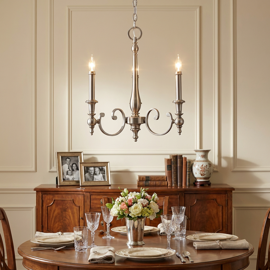 Hinkley Yorktown antique nickel 3-light chandelier hanging above a set dining table with floral centerpiece.