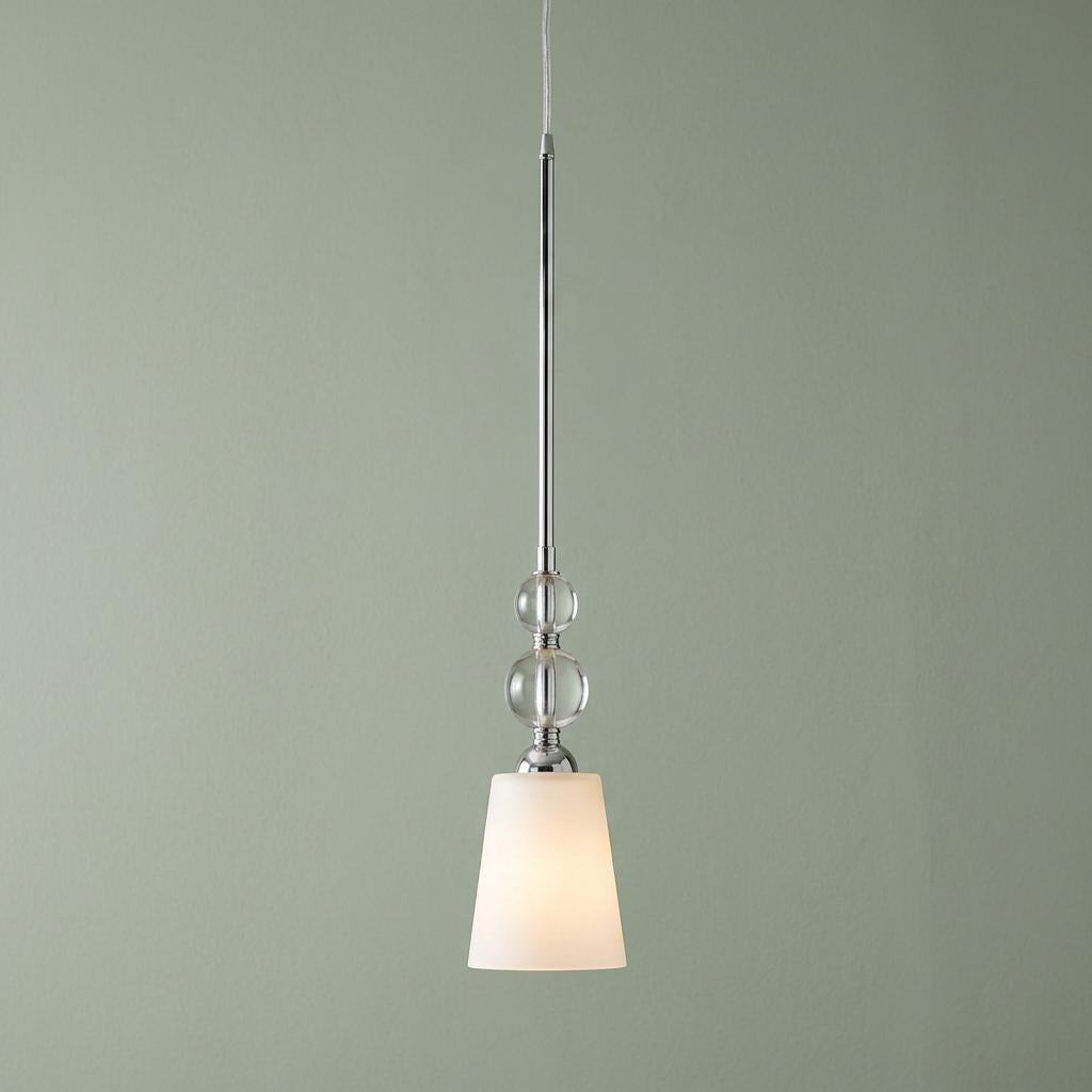 Polished nickel mini pendant light with stacked clear glass spheres and a tapered white glass shade.