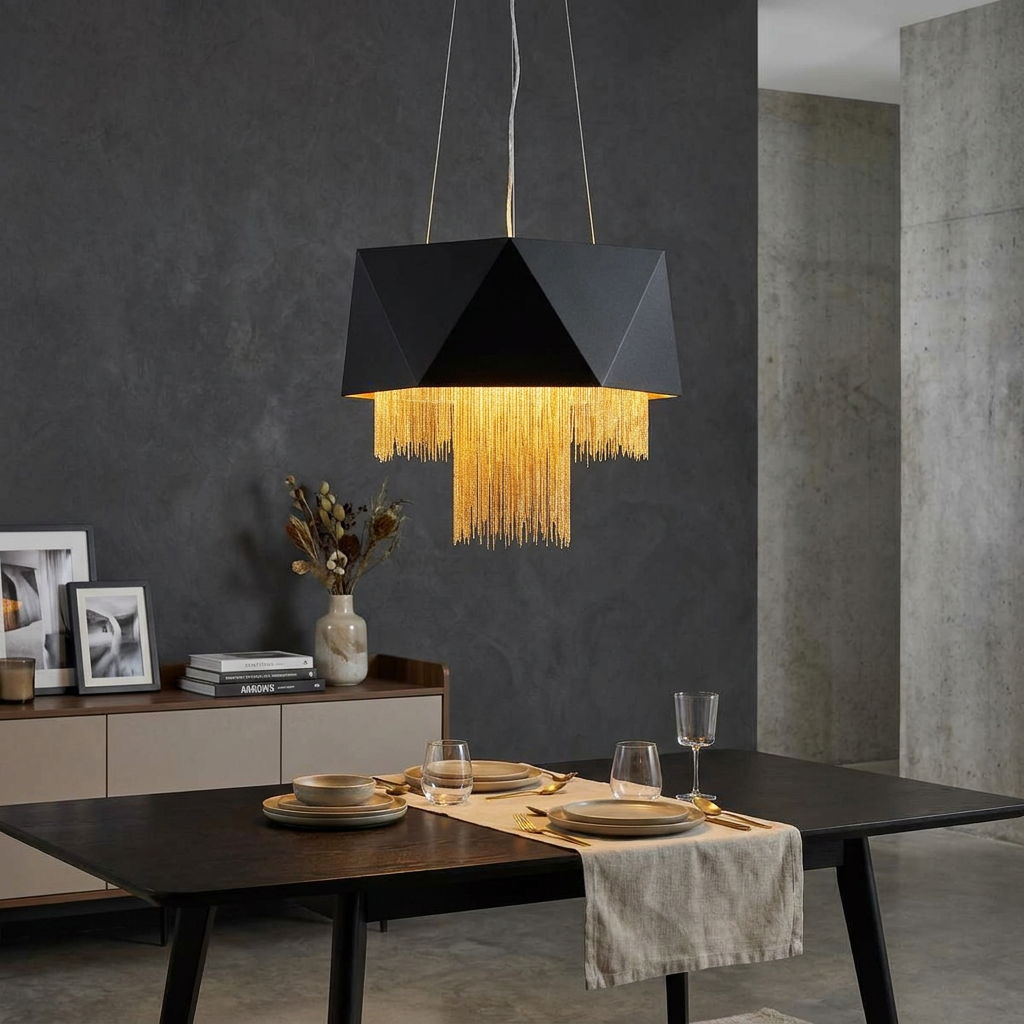 Black geometric pendant light with a cascading gold chain fringe over a set dining table in a modern room.
