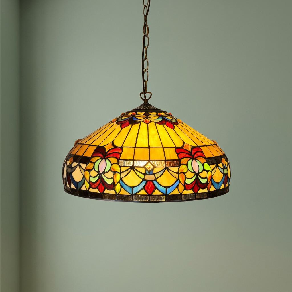 A vibrant yellow Tiffany pendant light with colorful floral patterns hanging against a light green wall.
