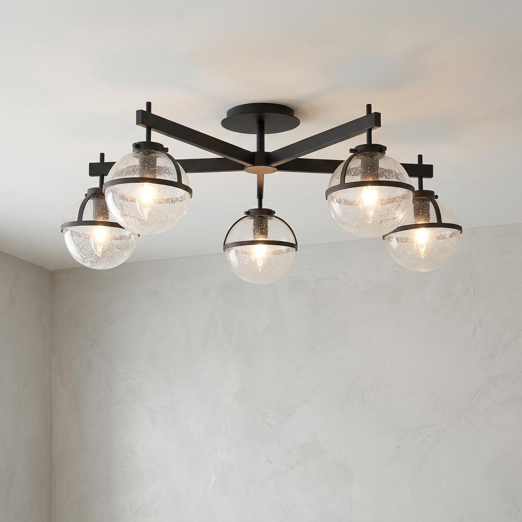 Modern 5-light black semi-flush ceiling fixture with glowing seeded glass globes against a neutral background.