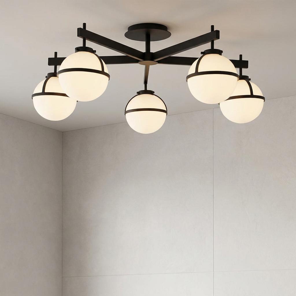 Five-light semi-flush ceiling light with black frame and opal glass globes mounted on a white ceiling.