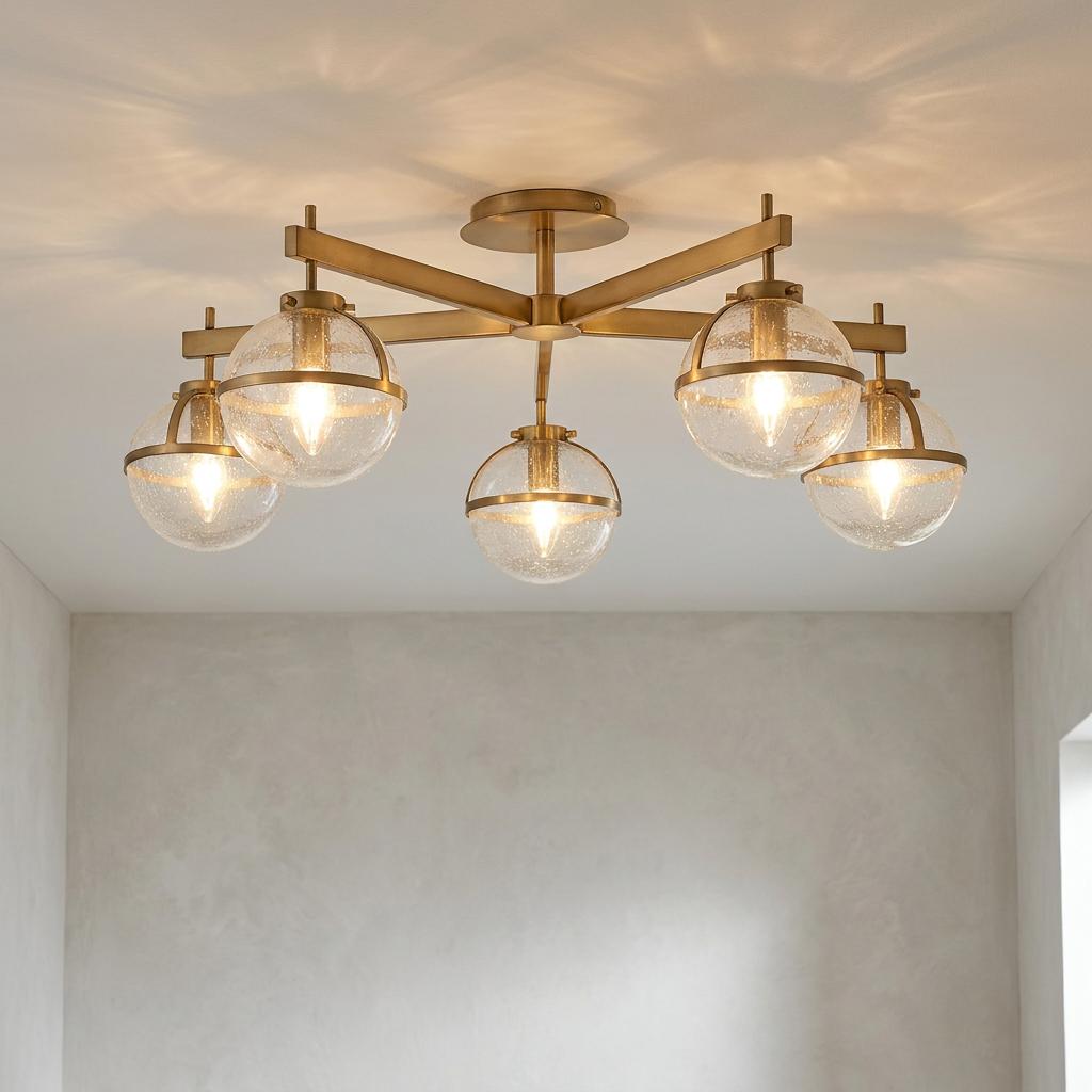 Hollis 5-light brass semi-flush ceiling light with glowing seeded glass globes casting patterns on the ceiling.