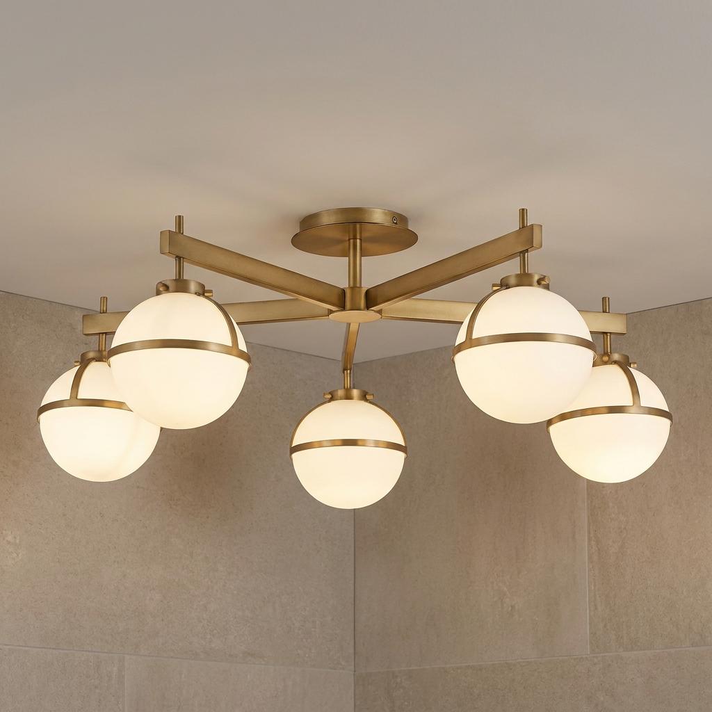 Five-light brass semi-flush ceiling fixture with opal glass globes mounted in a tiled bathroom.
