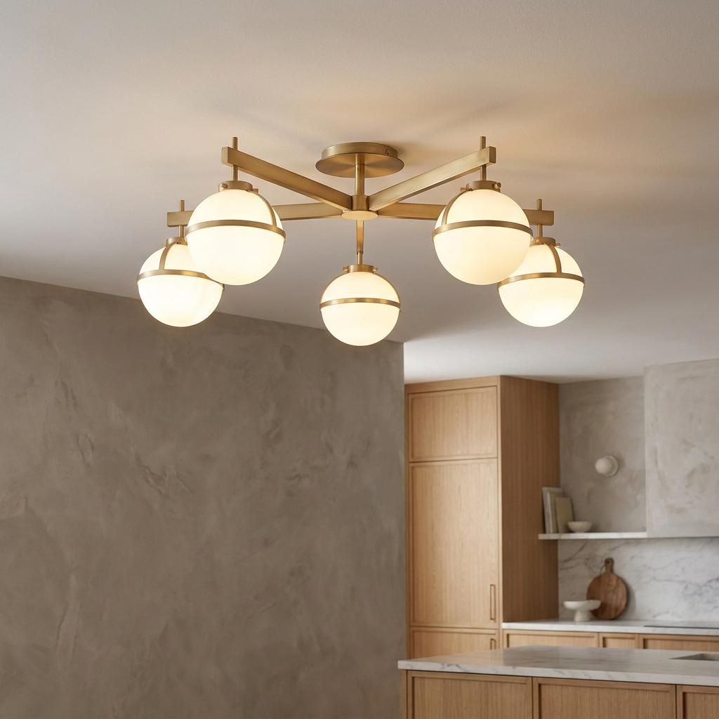 Five-light brass semi-flush ceiling fixture with opal globe shades in a modern neutral kitchen setting.