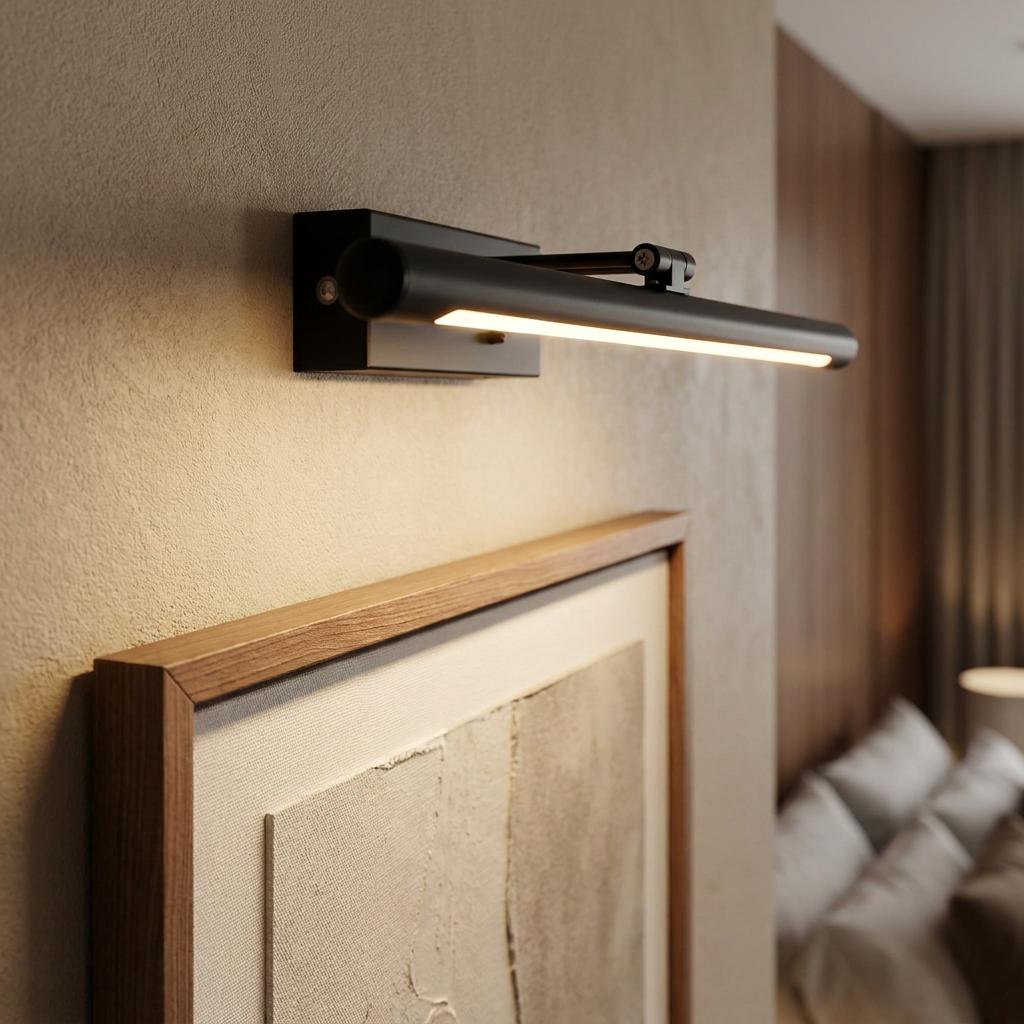 Modern matt black rechargeable LED picture light illuminating a piece of art on a textured wall.