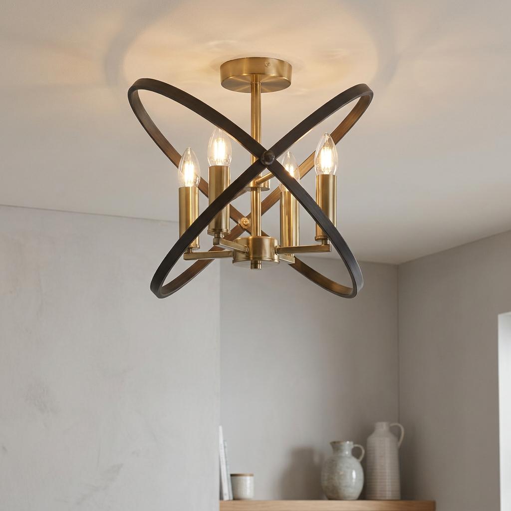 Hoopla 4-light semi-flush ceiling fixture featuring intersecting bronze hoops and brass candle-style lights.