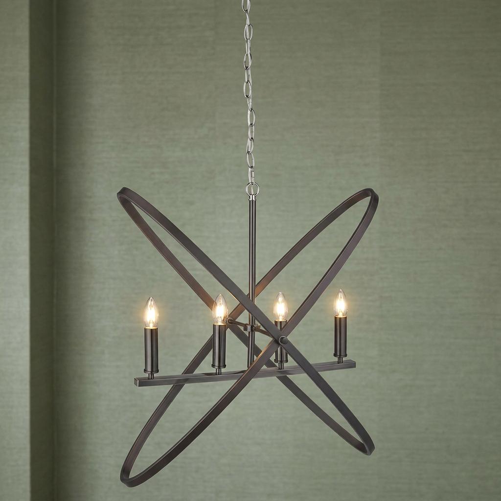 Pewter 4-light pendant with intersecting hoops and candle bulbs against a textured green background.