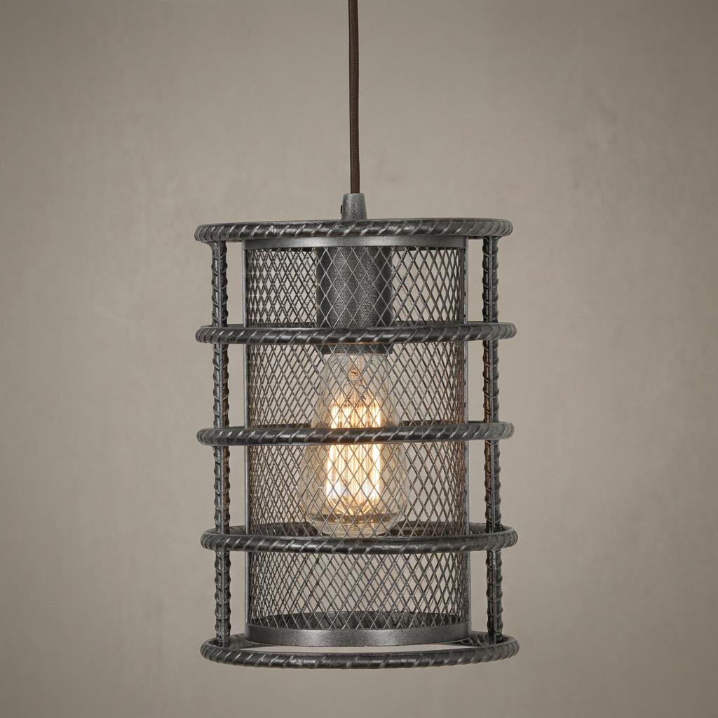 Industrial silver brushed black pendant light featuring a cylindrical mesh inner shade and a rebar-style outer cage.