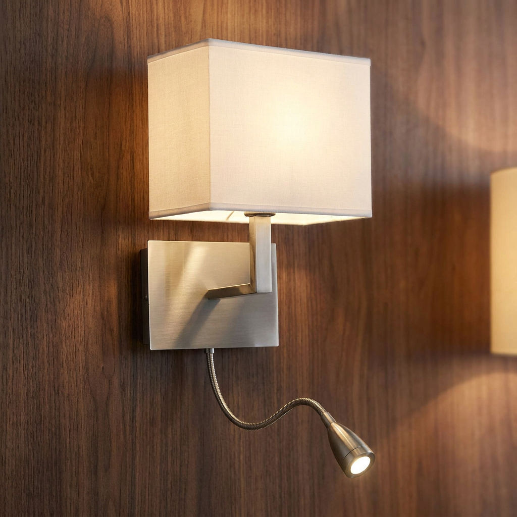 Modern silver wall light with a white fabric shade and flexible LED reading arm on a wood panel wall.