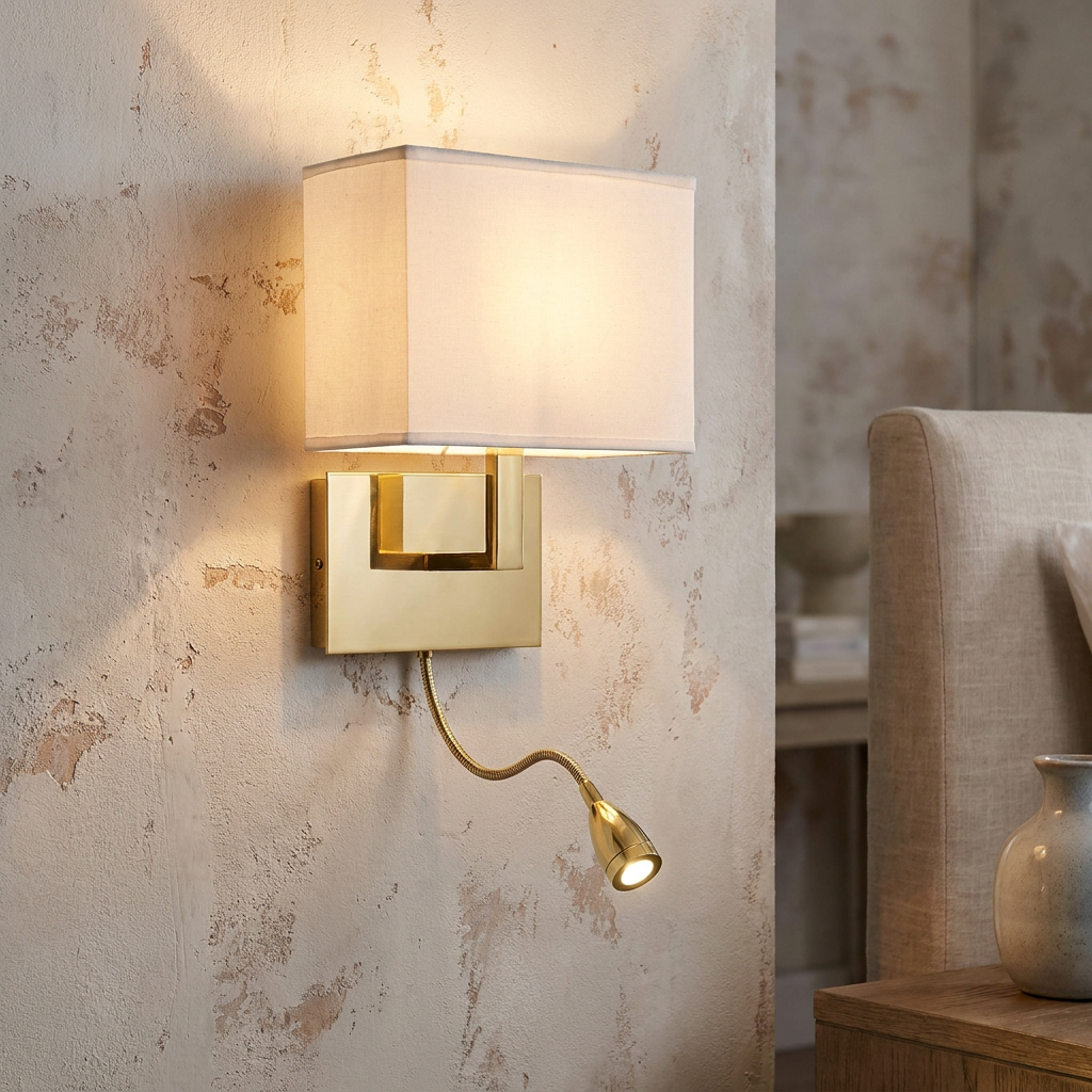 Satin brass wall lamp with a white fabric shade and adjustable gooseneck reading light on a textured wall.