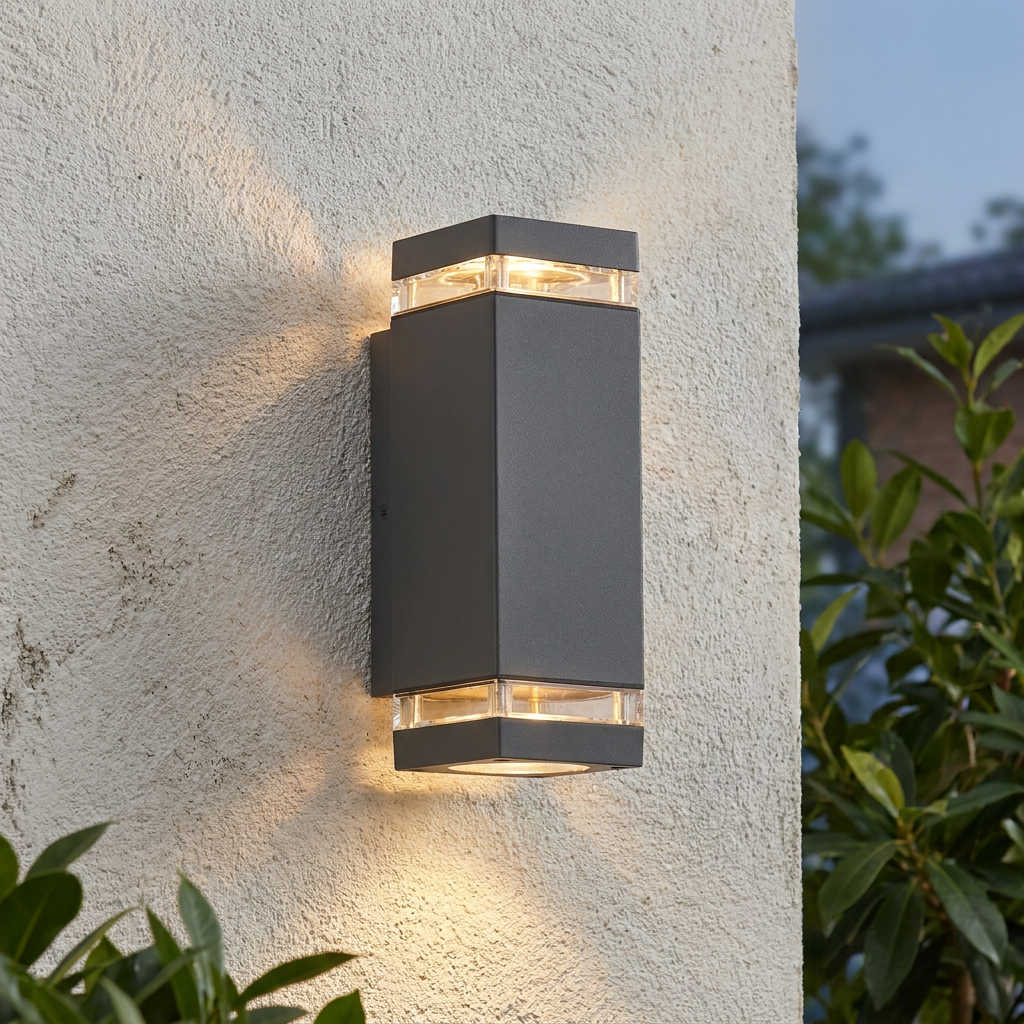 Rectangular light grey wall light with clear glass windows glows upward and downward on a white textured exterior wall.