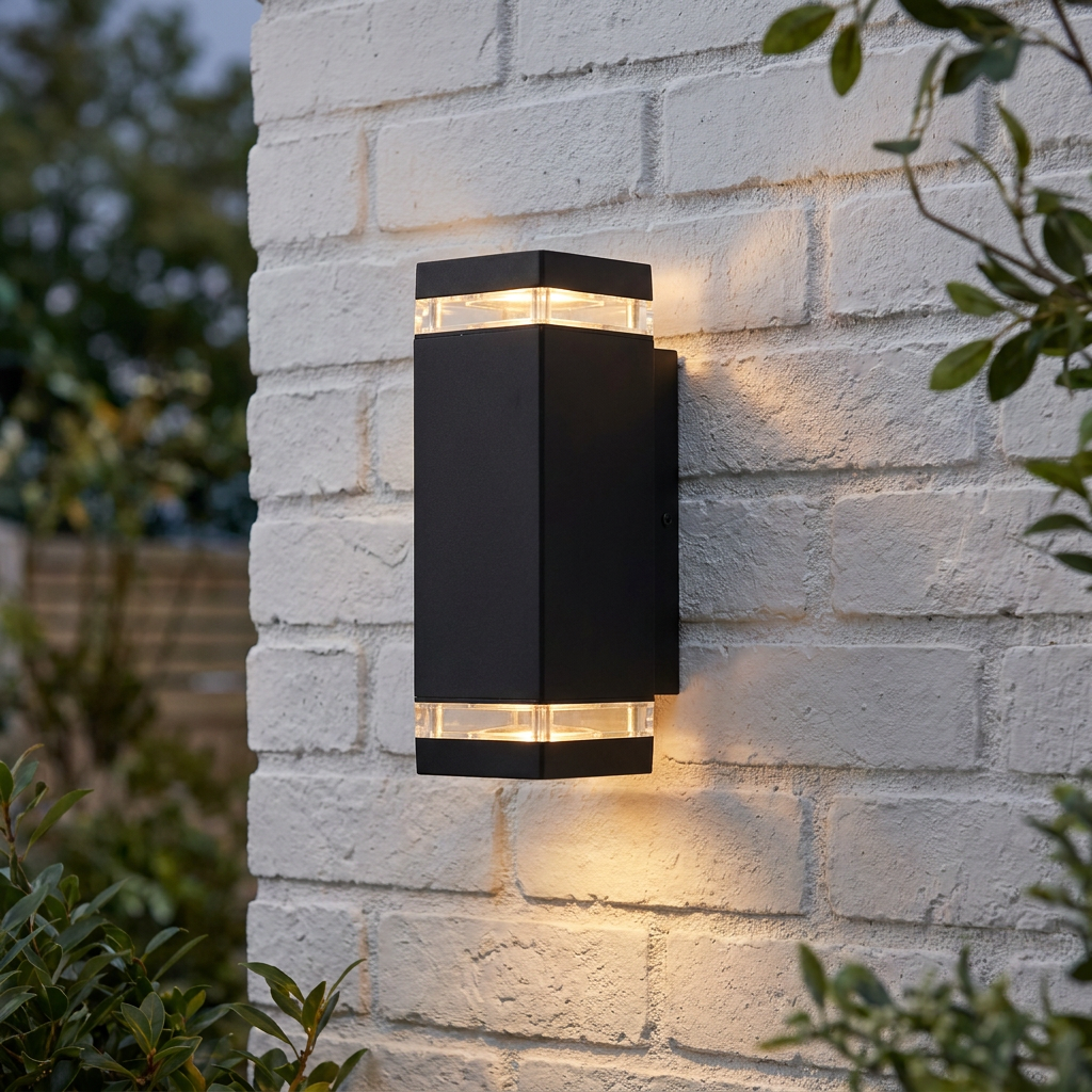 Houston outdoor wall light in matt black finish, mounted on a white brick wall casting a warm upward and downward glow.