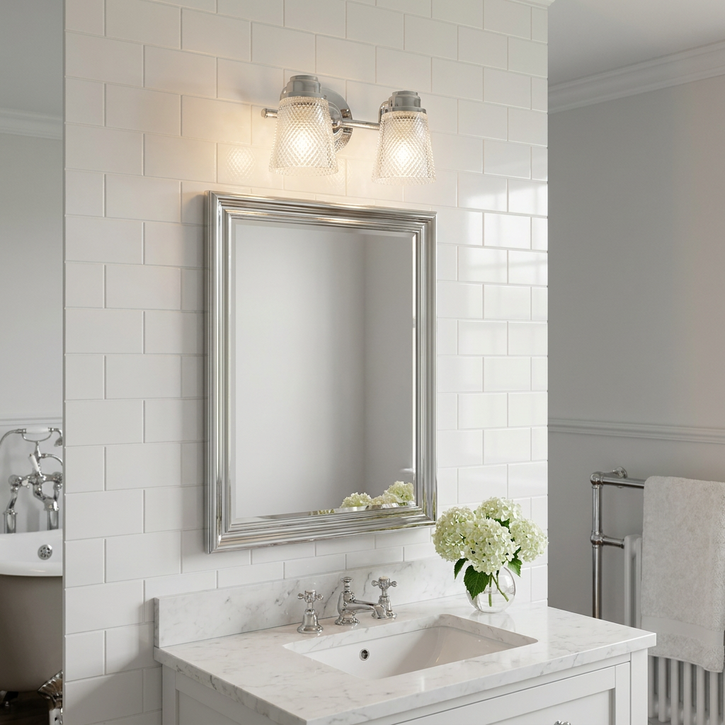 Hudson 2-light chrome wall fixture with textured glass shades above a silver mirror in a white tiled bathroom.