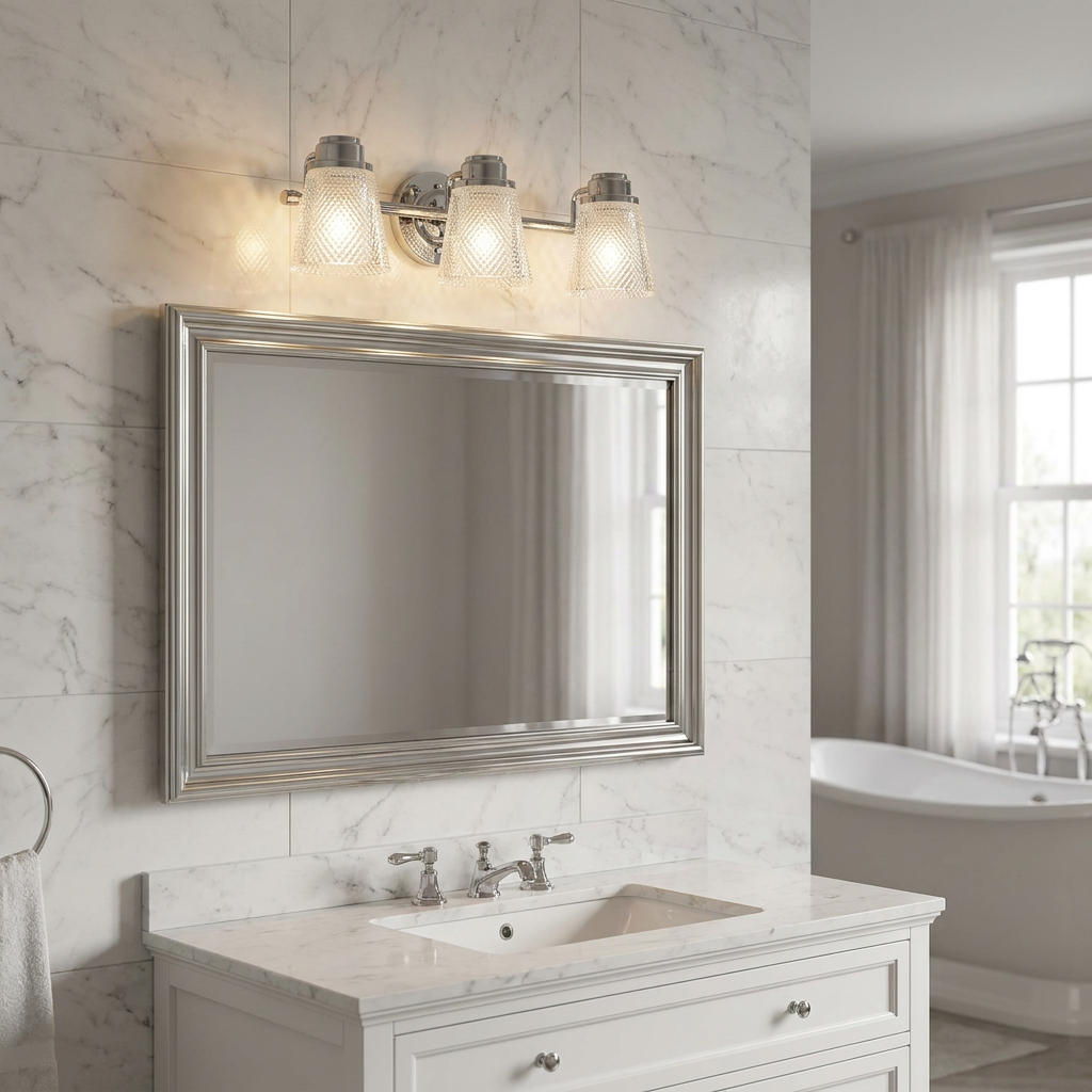 Hudson 3-light wall fixture with textured glass shades mounted above a mirror in a marble-tiled bathroom.