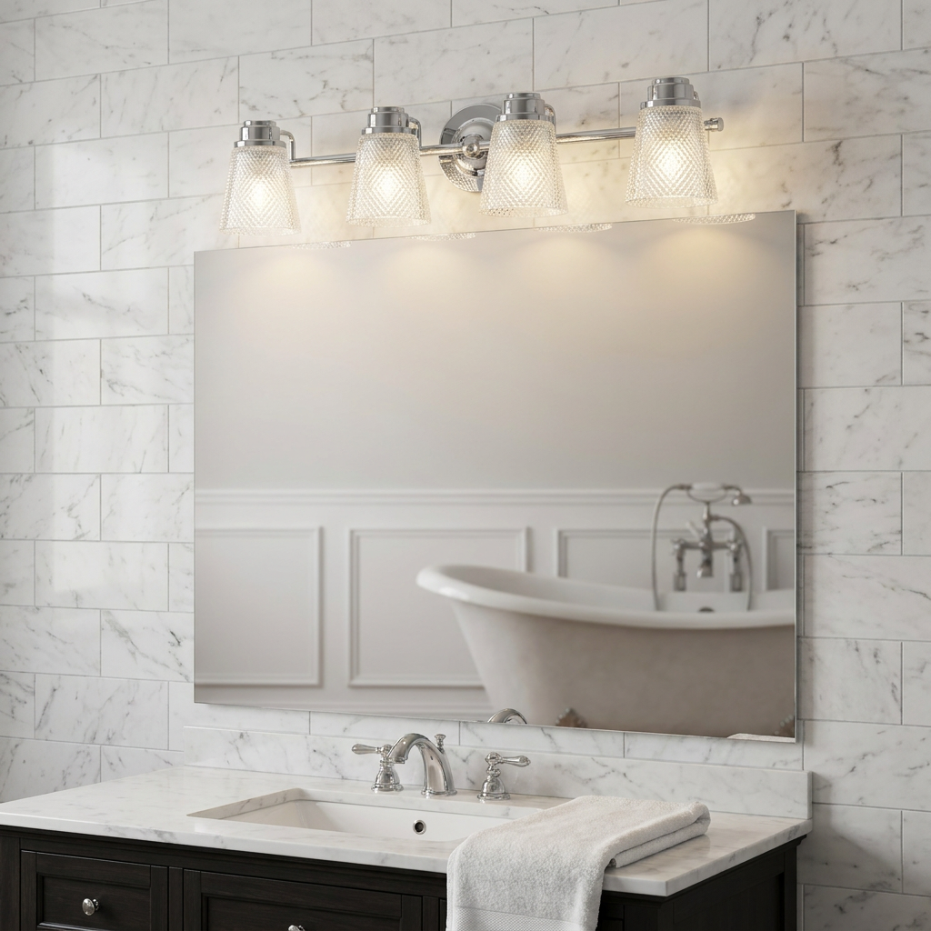 Hudson 4 Light Bathroom Wall Light with textured glass shades mounted above a mirror on a marble tiled wall.