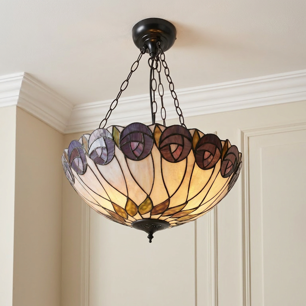 Large inverted Tiffany ceiling light with a purple rose pattern hanging from dark chains in a neutral room.
