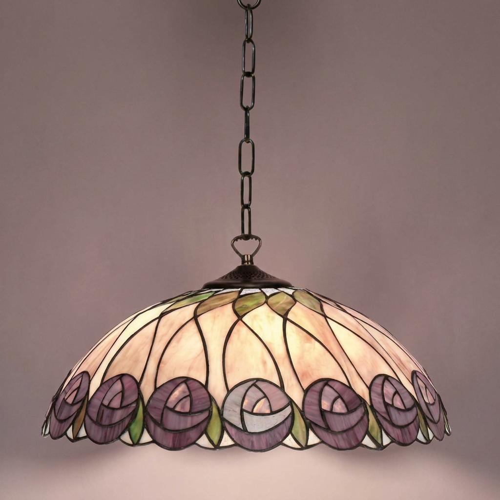 Large Tiffany ceiling light with a purple rose stained glass shade hanging from a dark chain.