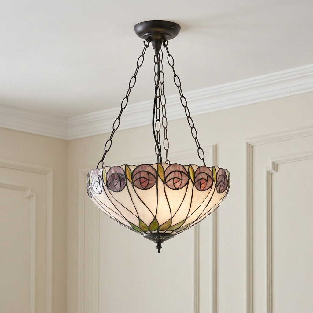 Hutchinson inverted Tiffany ceiling light featuring a rose-patterned stained glass shade and dark metal chains.