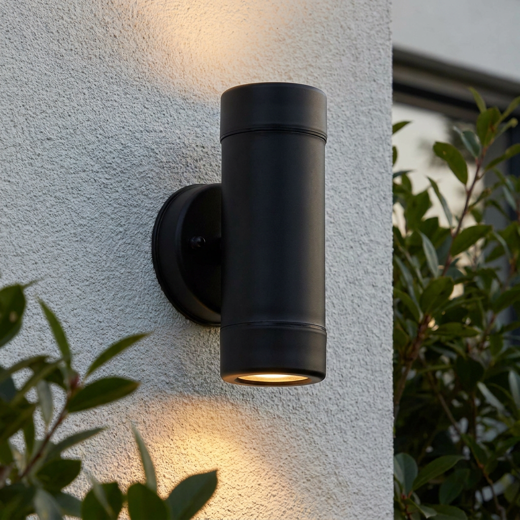 Black cylindrical outdoor wall light casting a warm up-and-down glow on a white textured wall.
