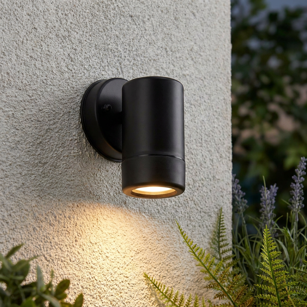 Cylindrical black outdoor wall light glowing on a textured white wall near garden plants.